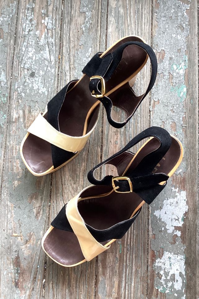 1970s Deadstock Joseph LaRose Black and Yellow Heeled Platform Sandals Selected by Cherry #1