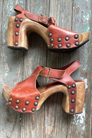 1970s Deadstock Sbicca Studded Leather Heeled Platform Sandals Selected by Cherry