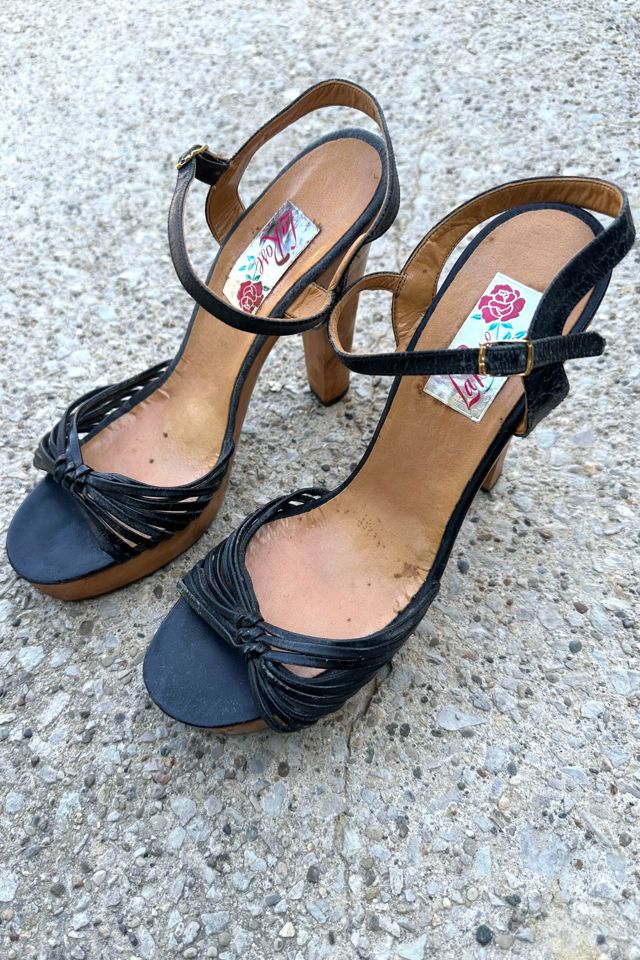 1970s Joseph LaRose Black Leather Strappy Wood Platforms Selected by Cherry #1