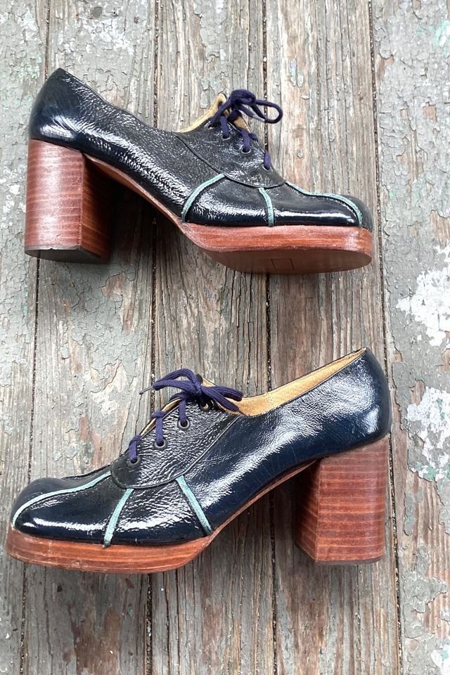 1970s Deadstock Navy Blue Patent Leather Parochial Platform Heels Selected by Cherry #1