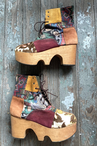 1970s Patchwork Tapestry Carved Wooden Platform Boots Selected by Cherry