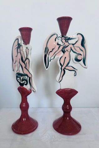 Vintage Studio Art God and Goddess Ceramic Sculptural Candlesticks Selected by KA.TL.AK