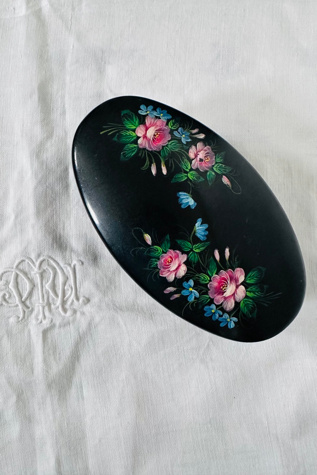 Vintage Hand Painted Black Oval Lidded Keepsake Box Selected by KA.TL.AK