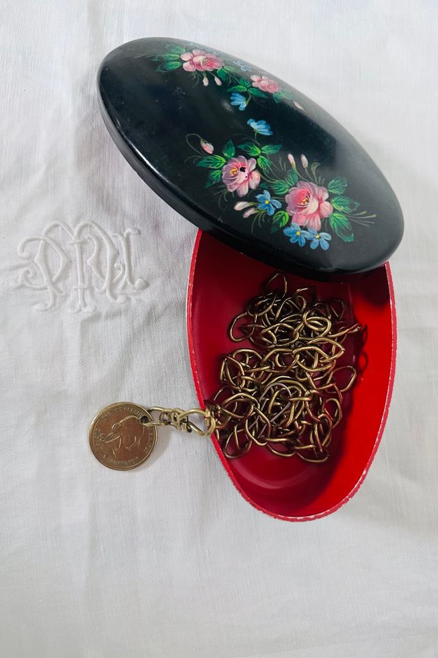 Vintage Hand Painted Black Oval Lidded Keepsake Box Selected by KA.TL.AK #3