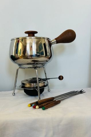 Vintage Chrome and Wood Fondue Set Selected by KA.TL.AK