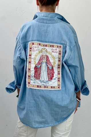 Anna Corinna Reworked Vintage Embroidered Bless Chambray Top
