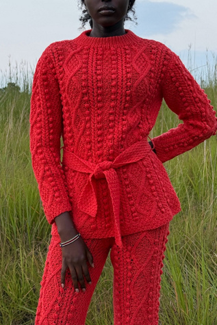 Vintage 1970s Pat Crowley Handknit Wool Coral Sweater Suit Selected By Afterlife Boutique