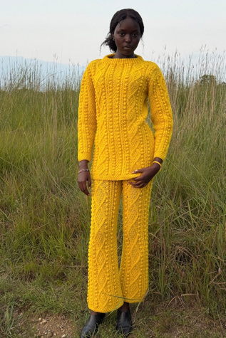 Vintage 1970s Pat Crowley Handknit Yellow Sweater Suit Selected By Afterlife Boutique
