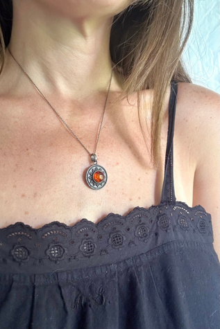 Vintage Silver and Amber Circle Pendant Necklace Selected by Grievous Angel Vintage