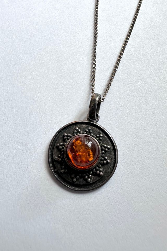 Vintage Silver and Amber Circle Pendant Necklace Selected by Grievous Angel Vintage #1