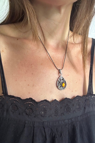 Vintage Sterling Silver and Amber Pendant Necklace Selected by Grievous Angel Vintage