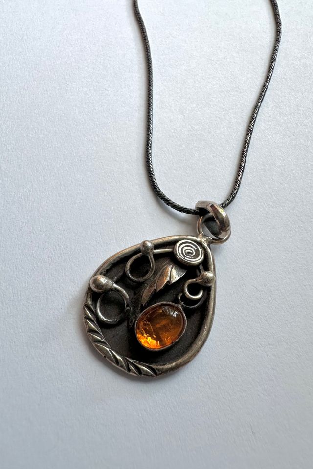 Vintage Sterling Silver and Amber Pendant Necklace Selected by Grievous Angel Vintage #1