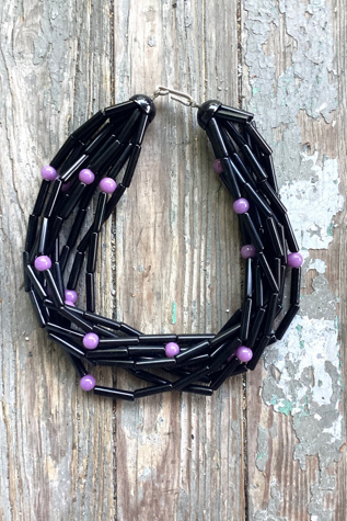 Vintage 1980s Black and Purple Plastic Beaded Necklace Selected by Cherry