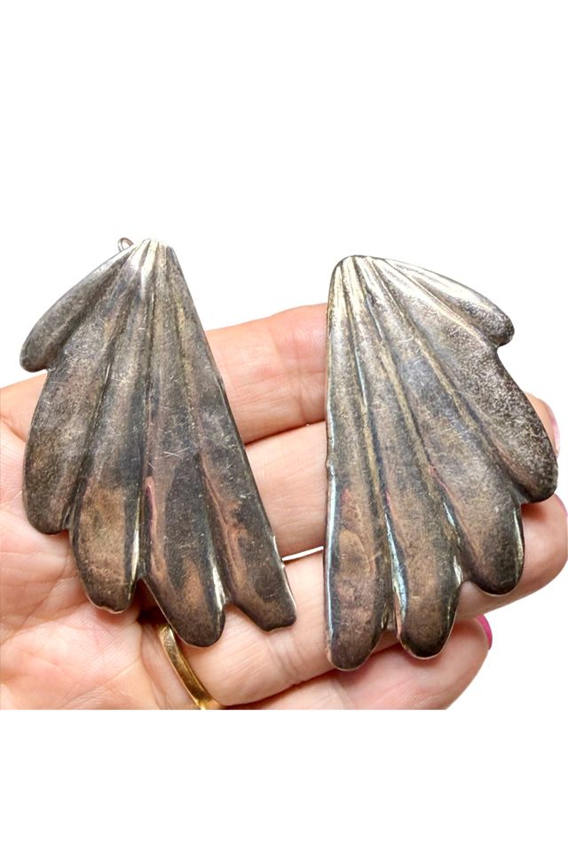 Vintage Sterling  Silver Repousse Wing Earrings Selected by Lux Revival #1