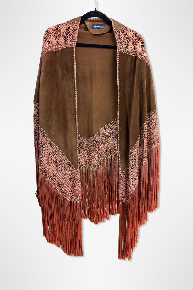 1980s Western Suede Crochet Piano Shawl Cape Selected By Ritual Vintage #1