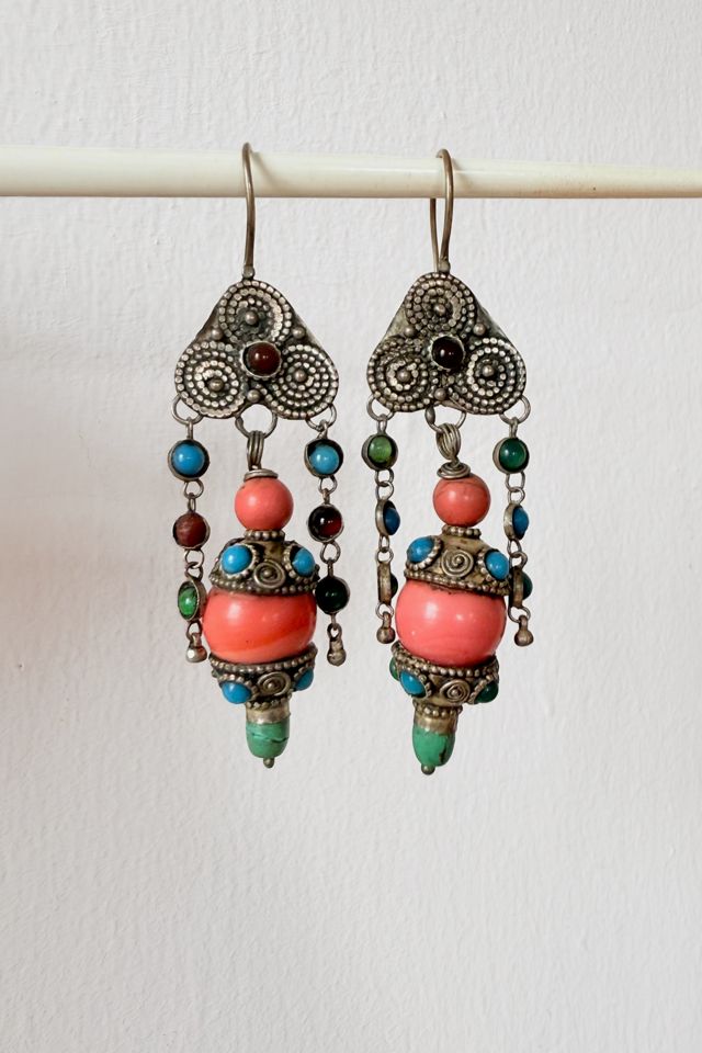 Vintage Nomadic Sterling Silver Coral Turquoise Dangle Earrings Selected By MARMALADE #1