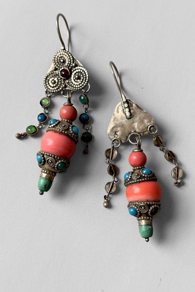 Vintage Nomadic Sterling Silver Coral Turquoise Dangle Earrings Selected By MARMALADE #2