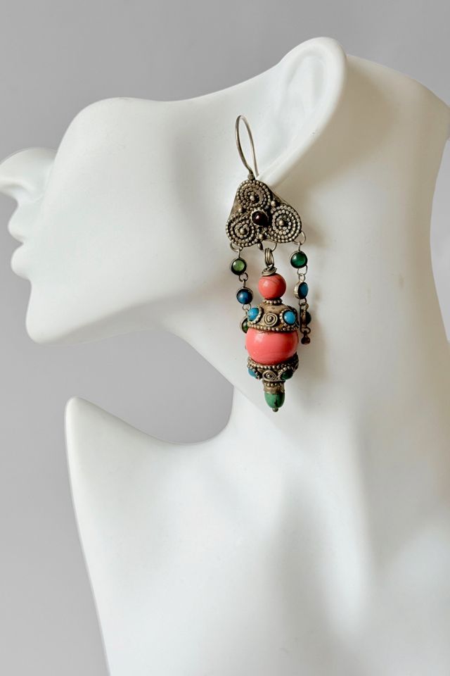 Vintage Nomadic Sterling Silver Coral Turquoise Dangle Earrings Selected By MARMALADE #3