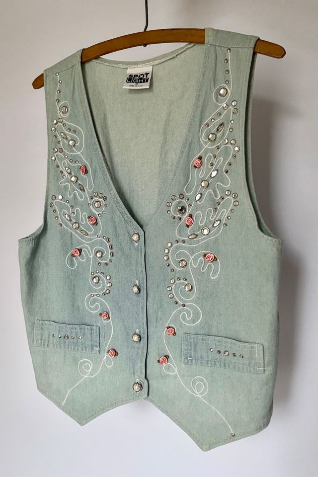Vtg Denim Rhinestone Vest Selected by Wax Plant #1