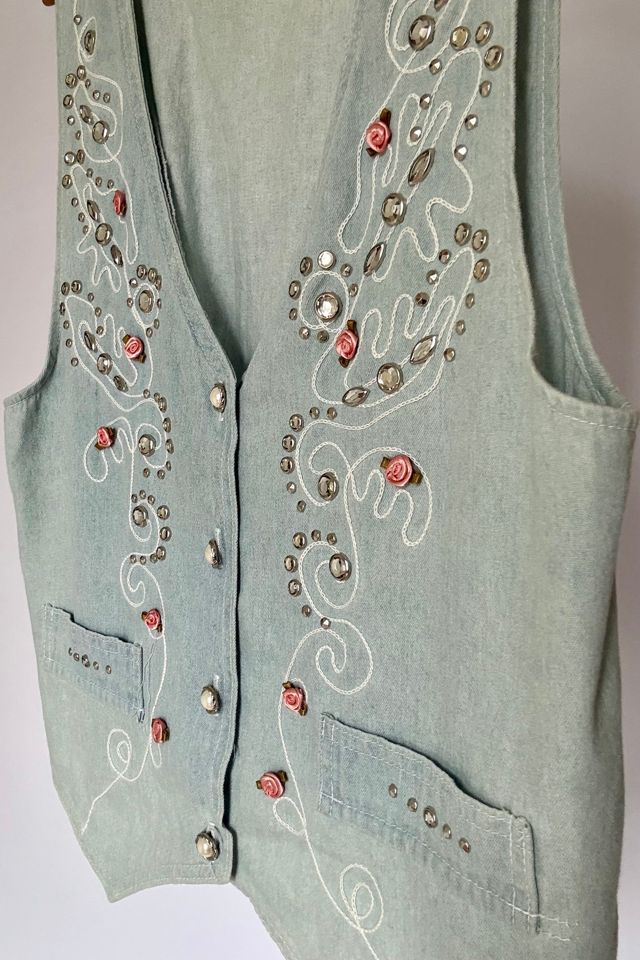 Vtg Denim Rhinestone Vest Selected by Wax Plant #3