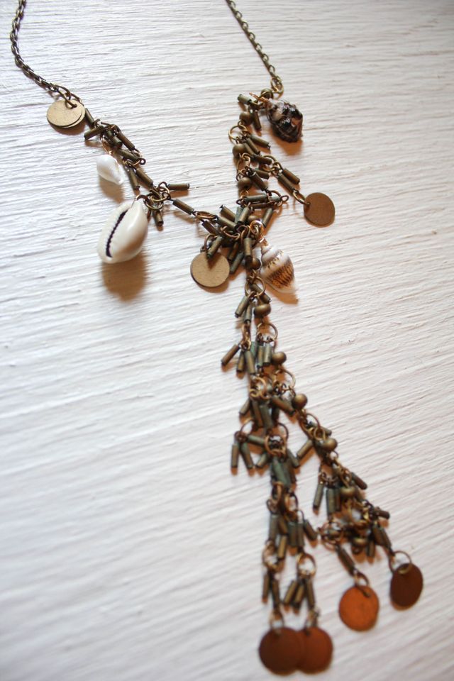 Upcycled Boho Shell Coin Fringe Lariat Necklace Selected By Moons + Junes Vintage #1