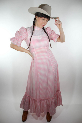 1960s Pink Checkered Ruffle Prairie Dress Selected By Moons + Junes Vintage