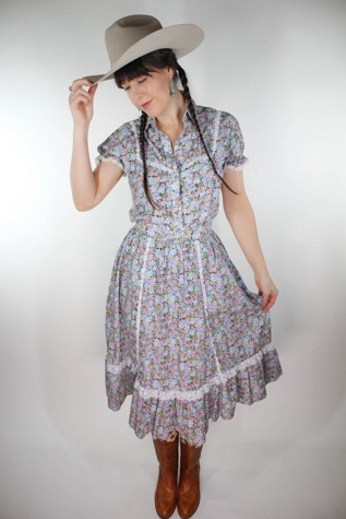 1960s Western Floral Print Stage West Two Piece Prairie Skirt Set Selected By Moons + Junes Vintage