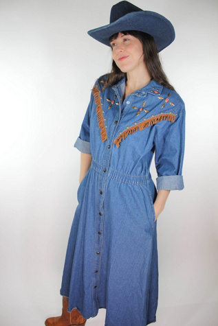 Vintage Western Fringe Coraline Studded Denim Maxi Dress Selected By Moons + Junes Vintage