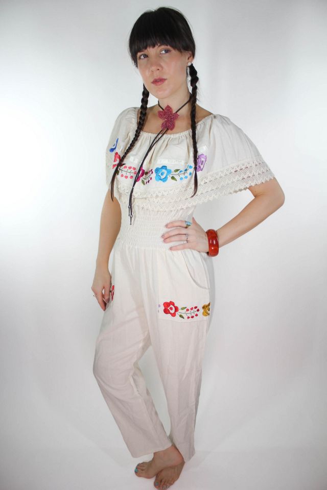 Vintage Mexican Floral Off-The-Shoulder Linen Crochet Jumpsuit Selected By Moons + Junes Vintage #1