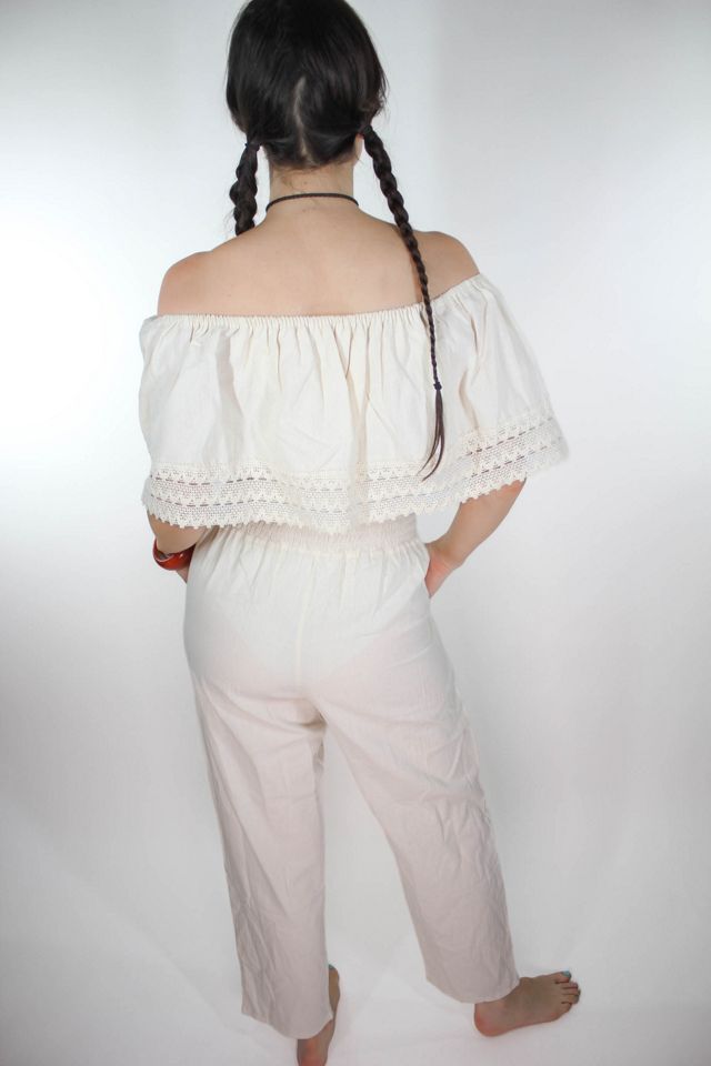 Vintage Mexican Floral Off-The-Shoulder Linen Crochet Jumpsuit Selected By Moons + Junes Vintage #2
