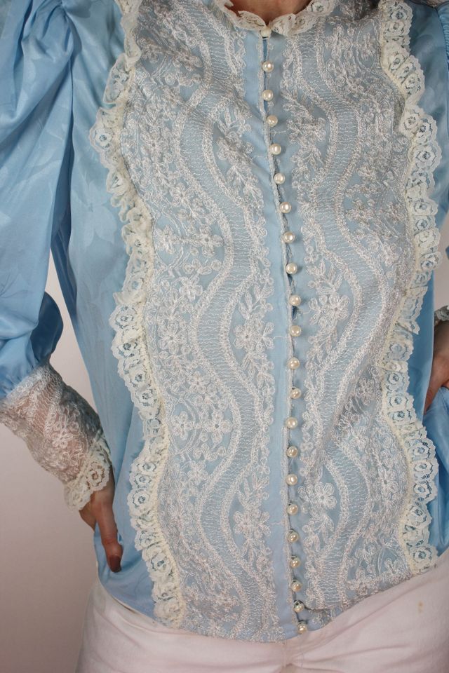 1960s Baby Blue Lace Prairie Button Down Blouse Selected By Moons + Junes Vintage #1