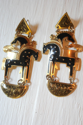 1980s Art Deco Gold + Black Horse Enamel Dangle Earrings Selected By Moons + Junes Vintage