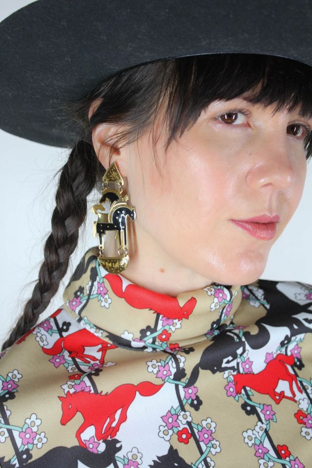 1980s Art Deco Gold + Black Horse Enamel Dangle Earrings Selected By Moons + Junes Vintage #1