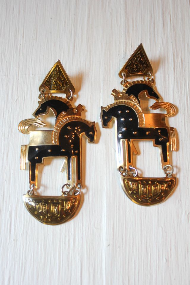 1980s Art Deco Gold + Black Horse Enamel Dangle Earrings Selected By Moons + Junes Vintage #2