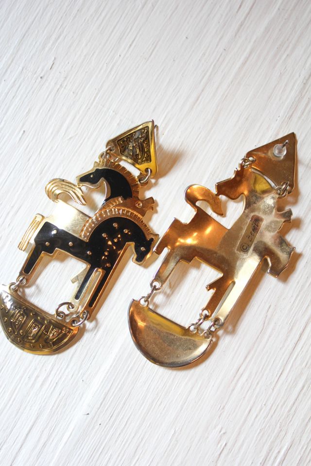 1980s Art Deco Gold + Black Horse Enamel Dangle Earrings Selected By Moons + Junes Vintage #3
