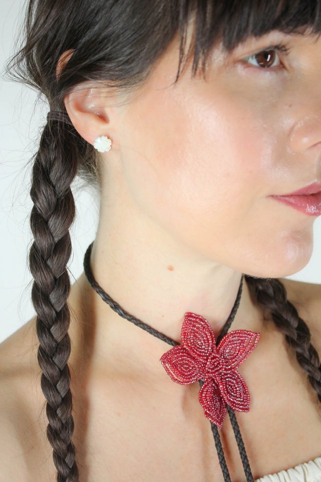 Upcycled French Rouge Flower Beaded Bolo Tie Selected By Moons + Junes Vintage #3