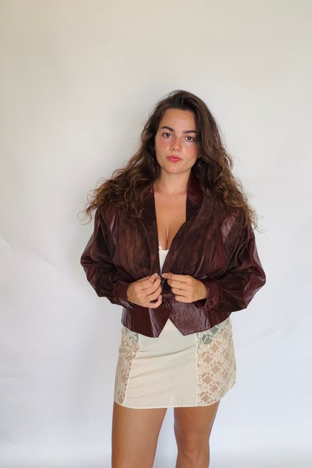 Vintage Cropped Leather and Suede Wine  Jacket Selected by Atlantic Vintage #1