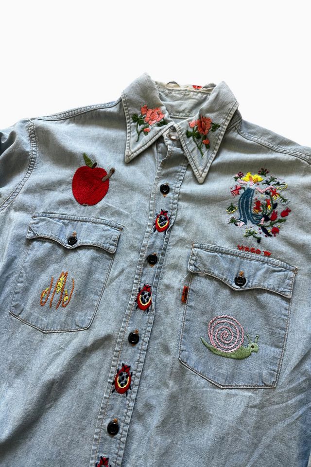 Vintage 1970s Embroidered Hippy Levis Chambray Long Sleeve Shirt Selected By Vintage Warrior #1
