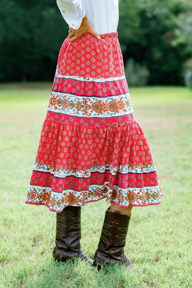 1970s Red French Provencal Tiered Skirt by Lauren Owen of Texas #1