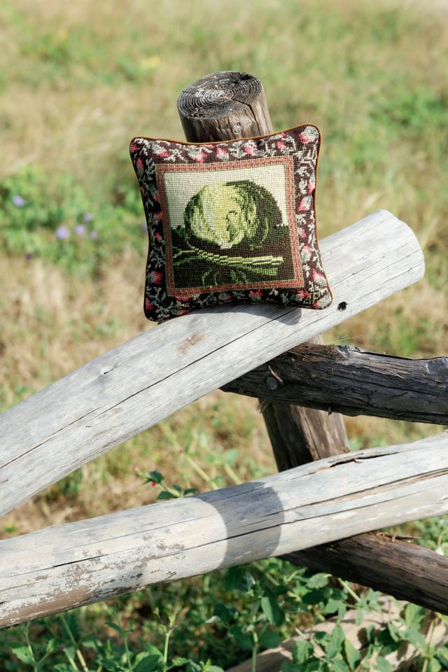 Vintage Cabbage Motif Needlepoint Velvet Accent Pillow by Lauren Owen of Texas #1