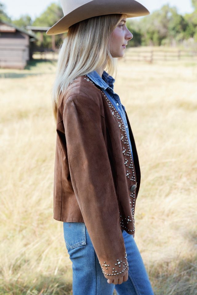 1990s Chesnut Embellished Suede Open-Front Jacket by Lauren Owen of Texas #1