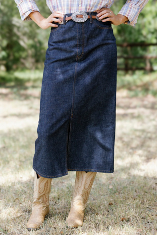 1990s Dark Wash Denim Maxi Skirt by Lauren Owen of Texas