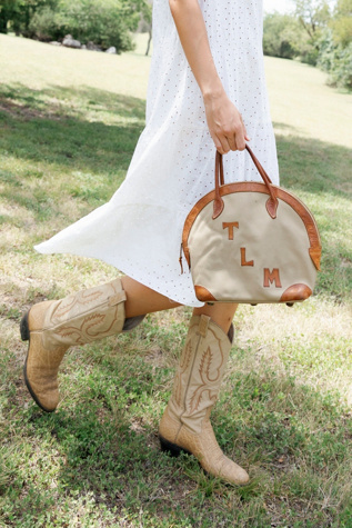 1980s "T.L.M.." Tan Canvas Top-Handle Dome Satchel by Lauren Owen of Texas