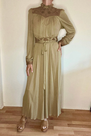 Folk Bohemian 1970s Matte Jersey and Suede Mushroom Maxi Dress Selected by Picky Jane