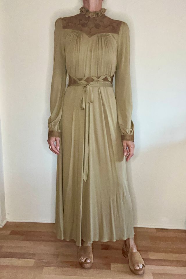 Folk Bohemian 1970s Matte Jersey and Suede Mushroom Maxi Dress Selected by Picky Jane #1