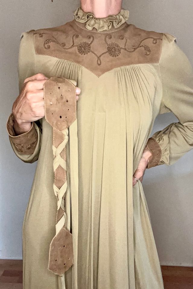Folk Bohemian 1970s Matte Jersey and Suede Mushroom Maxi Dress Selected by Picky Jane #2