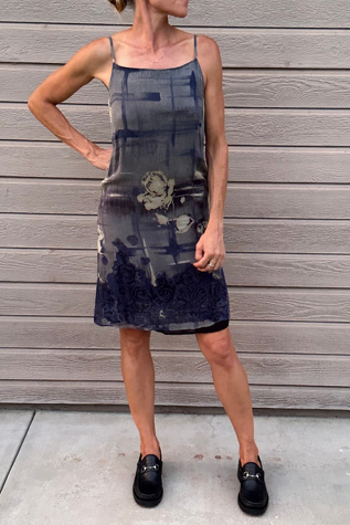 100% Silk 1990s Rose Graphic Blue Slip Dress