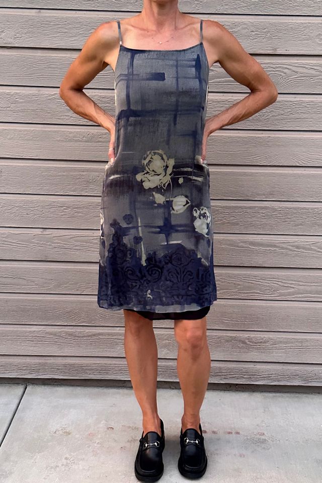 100% Silk 1990s Rose Graphic Blue Slip Dress #1