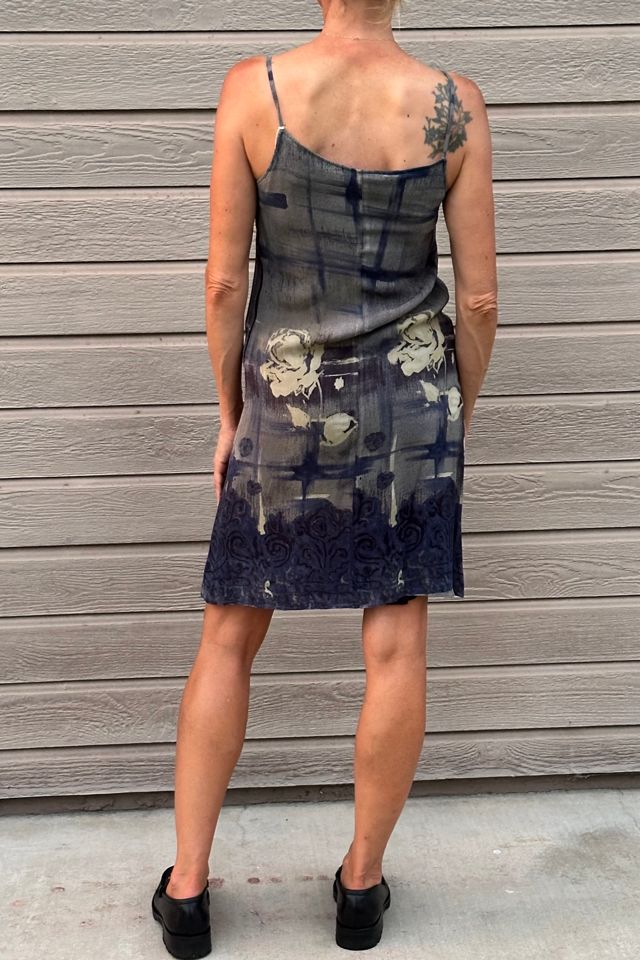 100% Silk 1990s Rose Graphic Blue Slip Dress #2