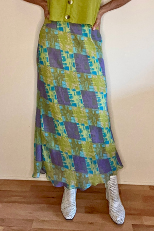 100% Silk Bias Lilac and Lime 1990s Y2K Vintage Skirt Selected by Picky Jane